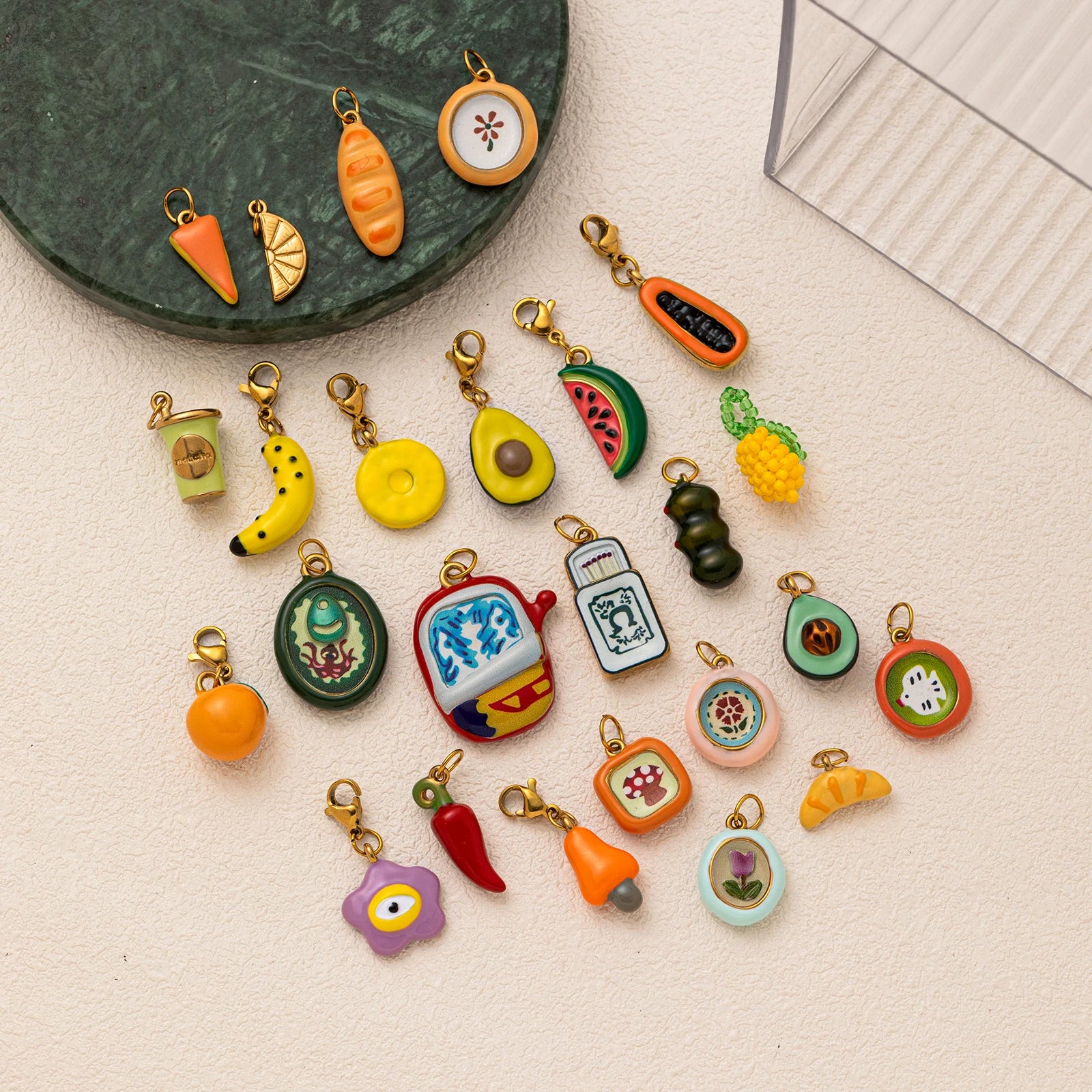 Wholesale 5pcs/lot 18K gold-plated DIY enamel stainless steel pendant, colorful fruit and food handmade jewelry accessories