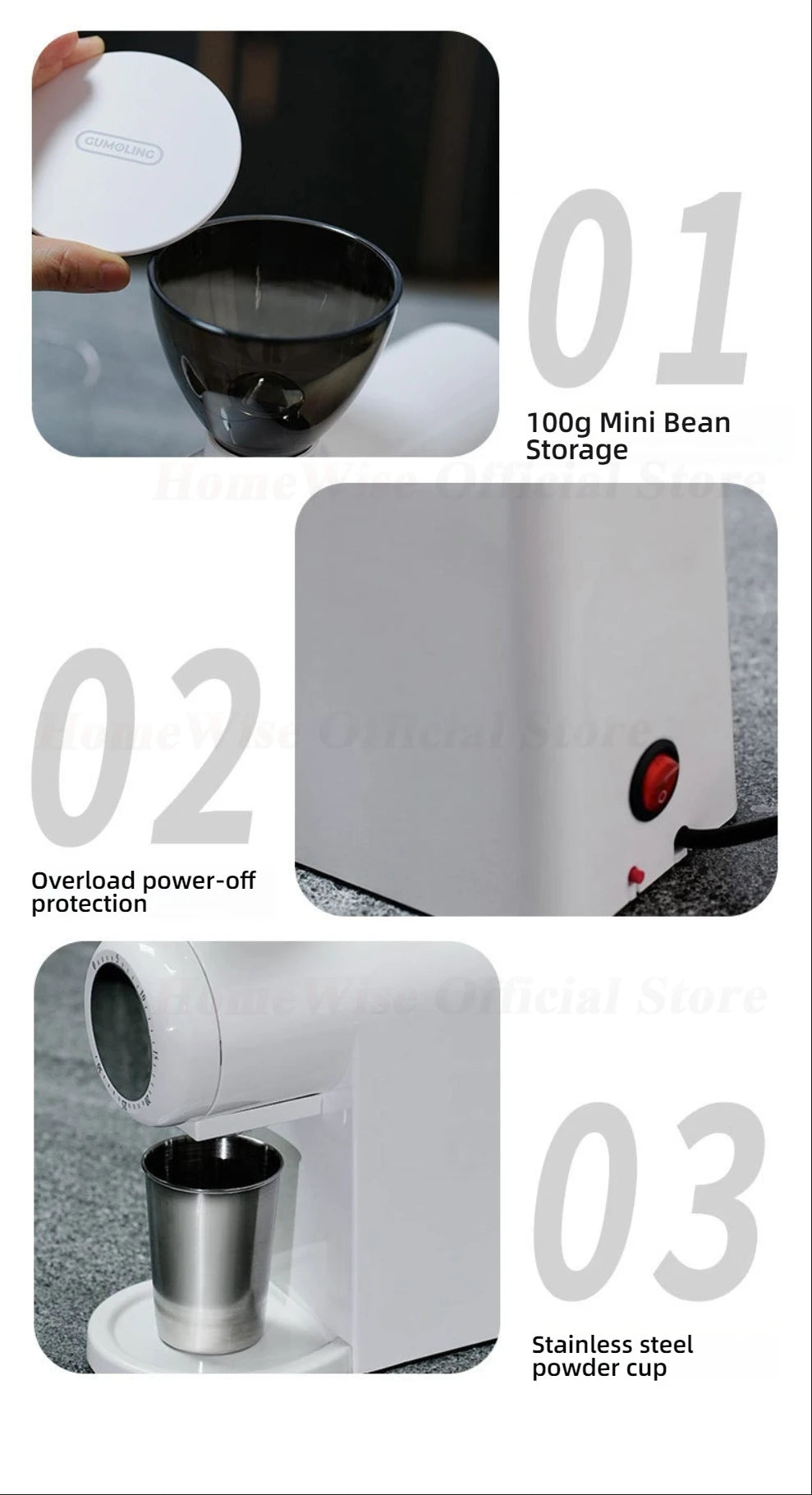 HomeWise G1004A Electric Coffee Grinder 48mm Flat Burr Plasma Anti-Static for Espresso Pour Over French Press Coffee Mill