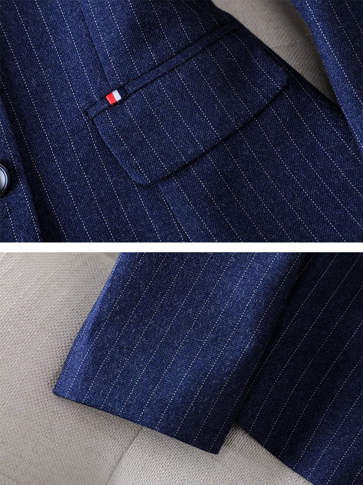 طقم بدلة رسمية نسائية مخططة باللون الأزرق والأسود مكون من قطعتين، مناسب للعمل في الخريف والشتاء، سترة وبنطلون