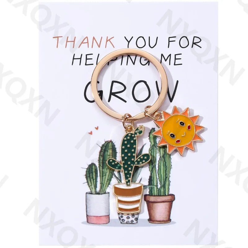 Classic Sun Smiling Face Cactus Enamel Keychain Cartoon Plant Grow Thank You For Teachers Good Gift Handmade Jewelry Set
