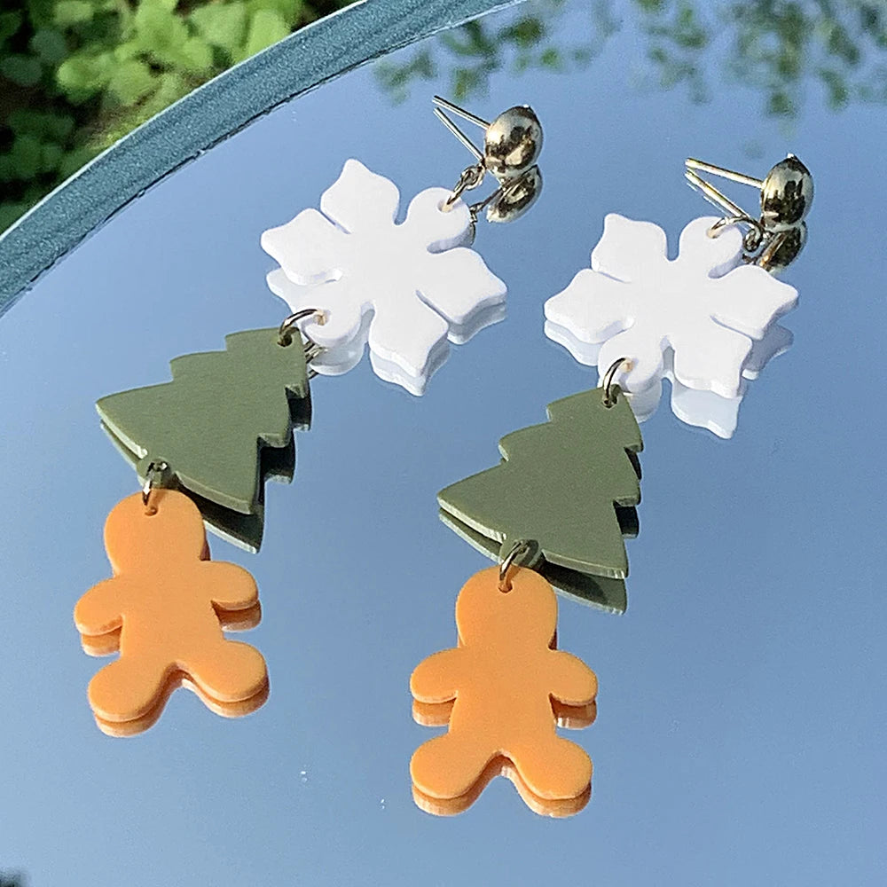 WELBACK 1 Set of 3 Pairs Women's Fashion Earrings Gingerbread Man Christmas Tree and Snowman Design Perfect Holiday Gift