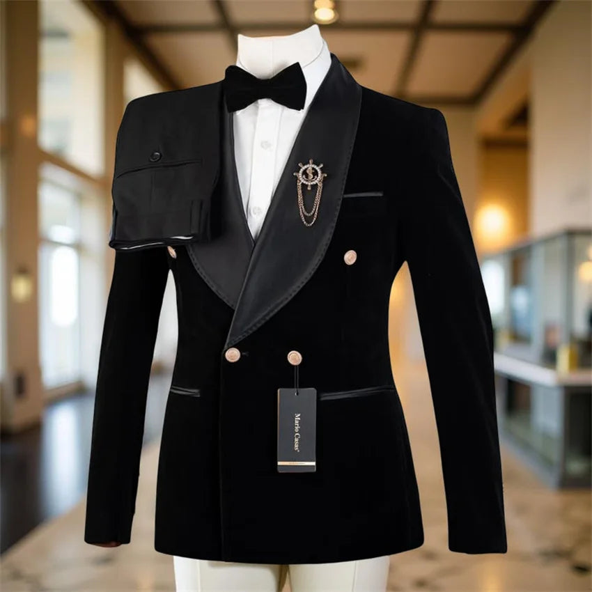Costume de mariage double boutonnage en velours pour homme