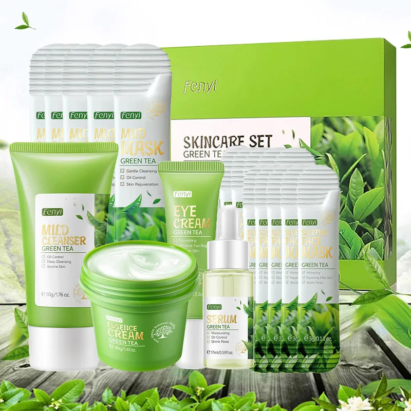 19pcs Gift Box Kit Green Tea Skin Rejuvenation Face Essence Korean Face Cream Fade Dark Circles Eye Cream Skin Care Products