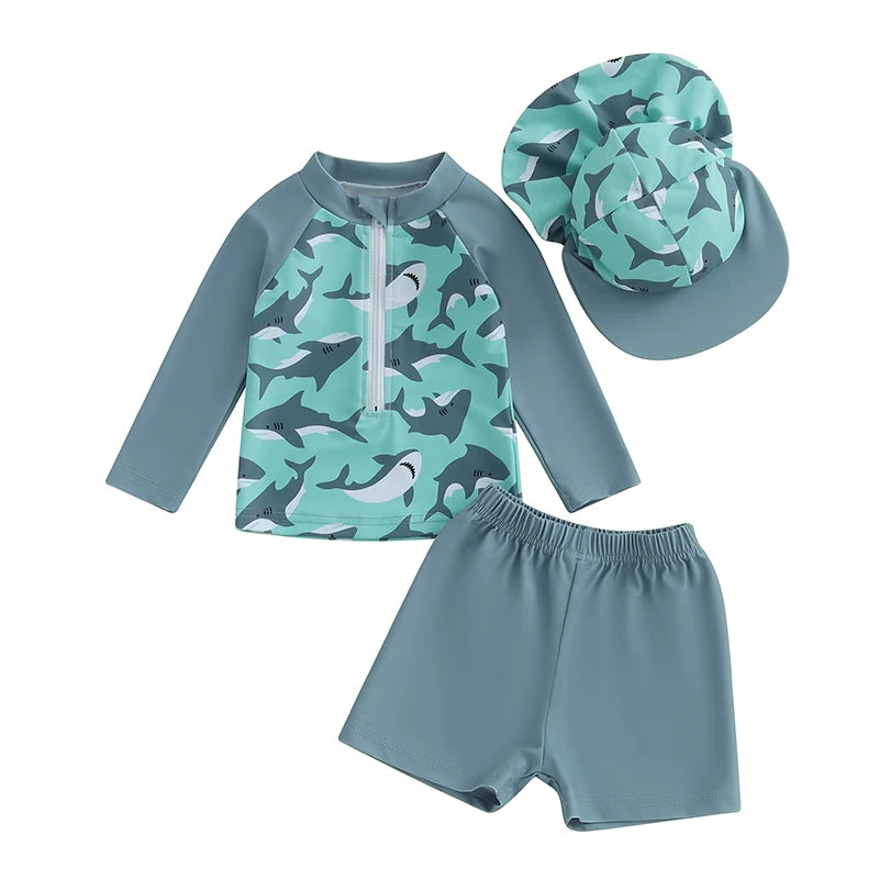 0-36months Toddler Boys Rash Guard Swimsuit Set Animal/Coconut Tree Print Long Sleeve Tops with Shorts and Swim Hat