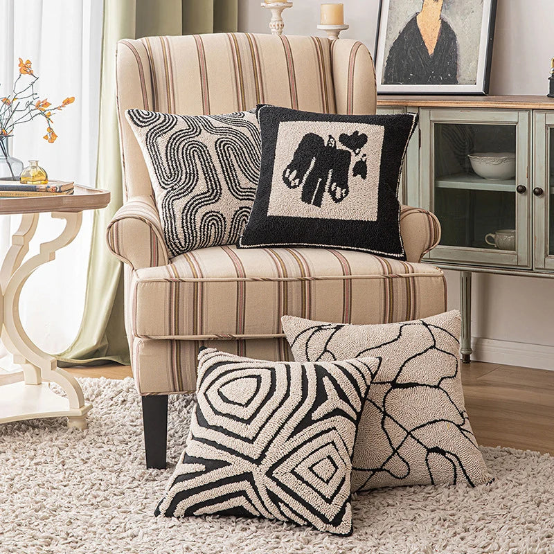 New Geometric Abstract Embroidered Cushion Cover Modern Beige Black Fully Tufted Pillowcase Home Decorative Pillows for Sofa