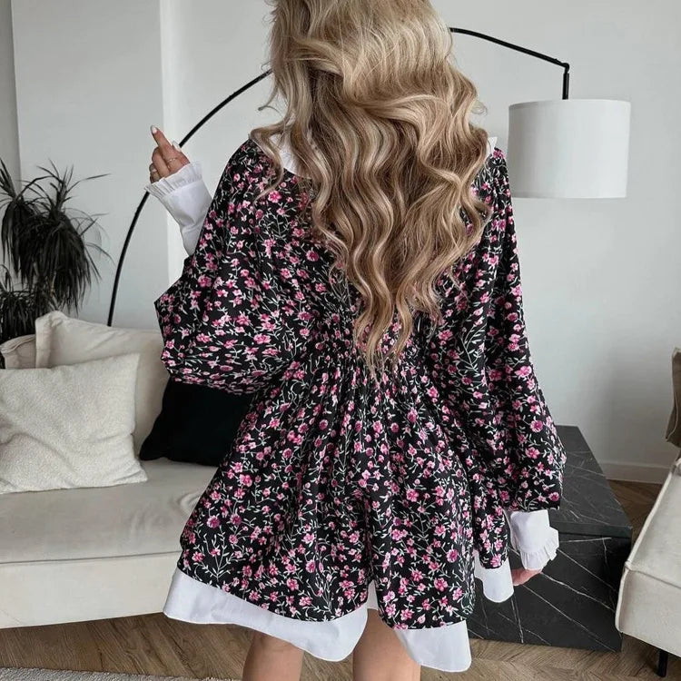 Tossy Ruffled Fashion Printed Mini Dress For Women V-Neck Patchwork Contrast Slim Long Sleeve Party Dress Female Bodycon Dress