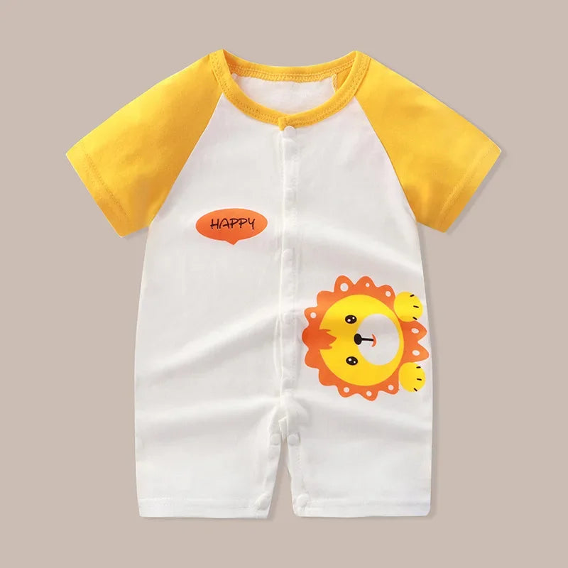 Summer Newborn Clothes Cute Cartoon Dinosaur Tiger Shark Lion Print Comfortable Baby Boys Girl 0-18Month Short Sleeved Jumpsuit