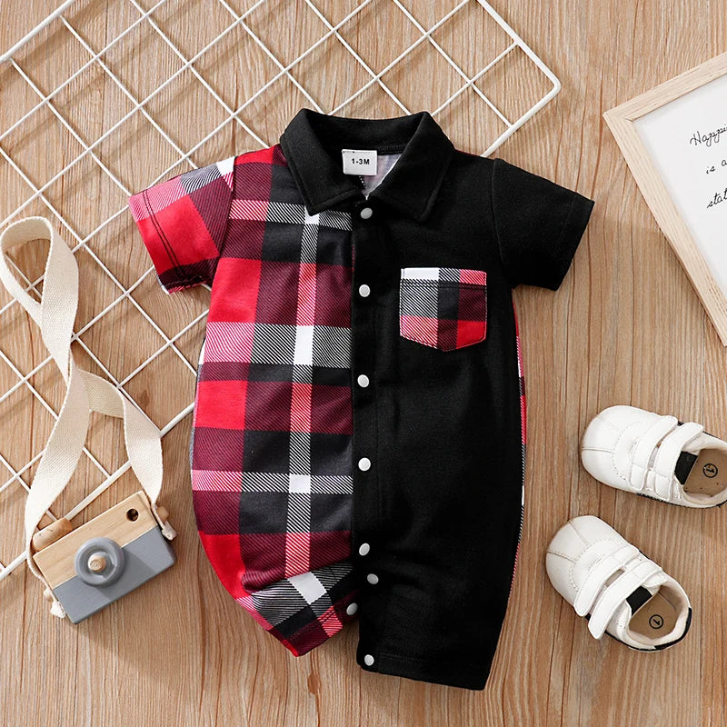 Newborn Clothes Patchwork Plaid Polo Shirt Comfortable And Soft For Boys And Girls Summer Short Sleeved Baby Jumpsuit