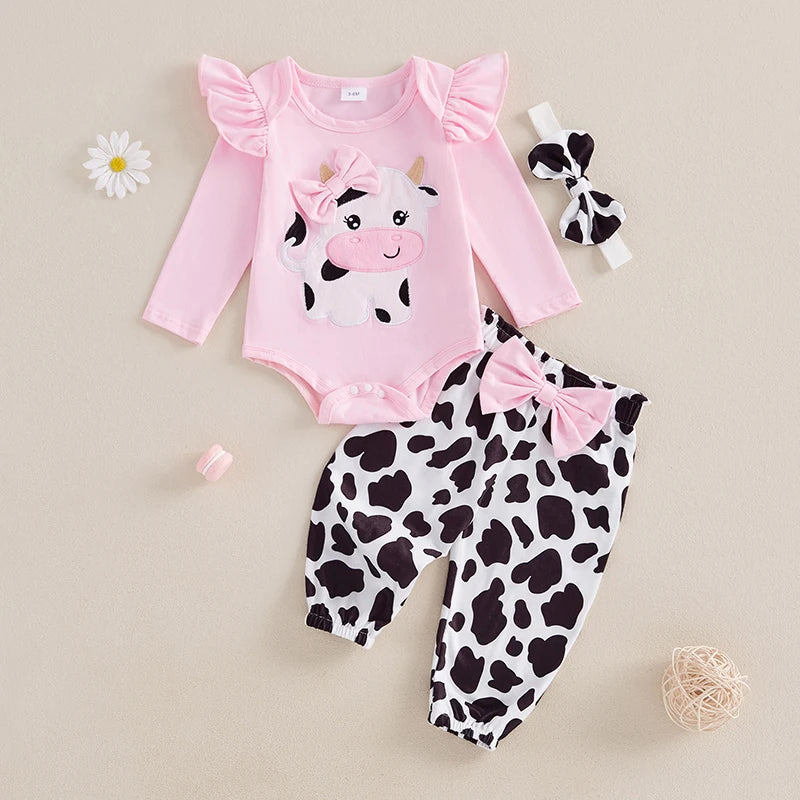 Baby Girl Fall Outfits Cow Embroidery Long Sleeve Romper Long Pants Headband 3Pcs Clothes Set