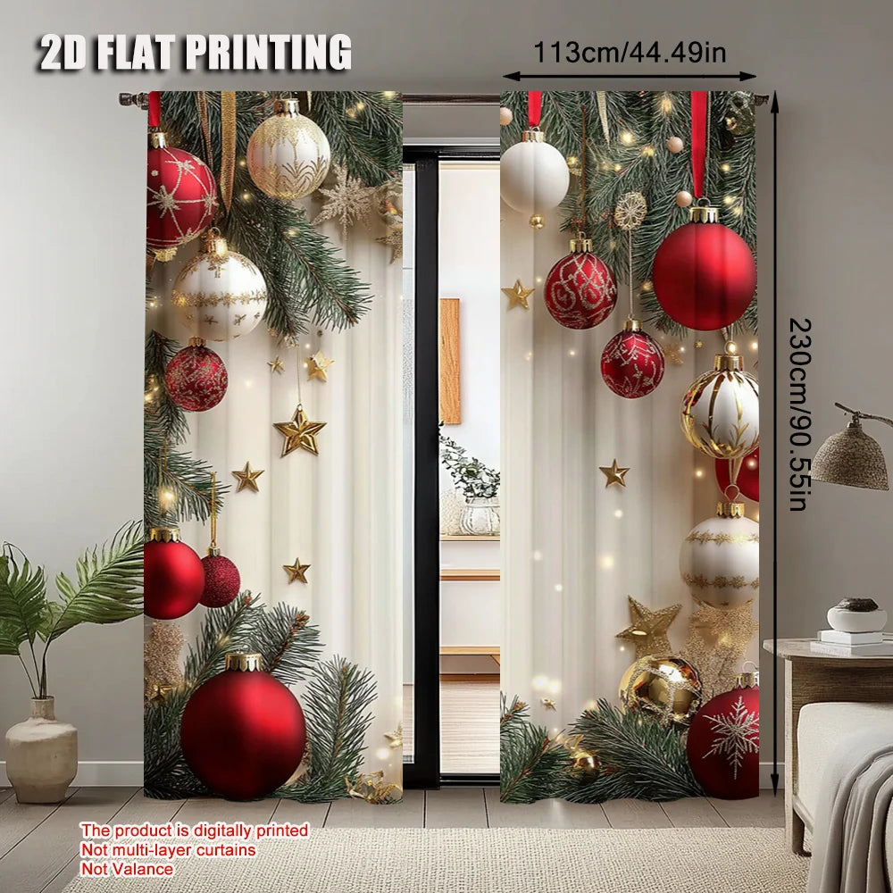 2Pcs Festive Golden And Red Ball Pine Leaves Design Christmas Window Curtains Polyester Rod Pocket Design For Living Room