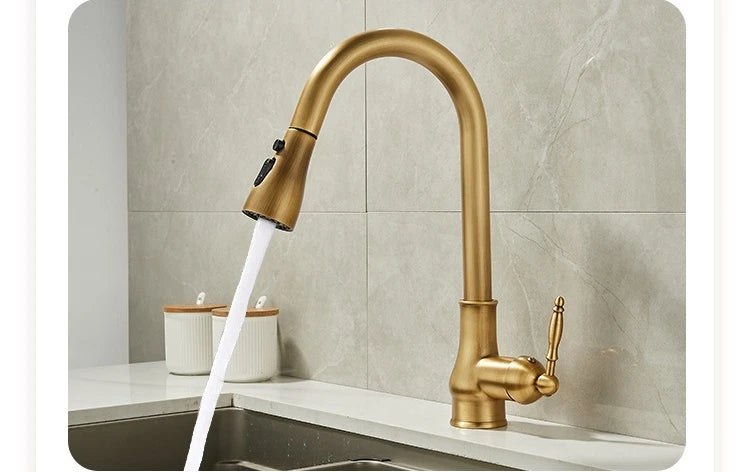 Antique Brass Kitchen Faucet Pull Out Spout Kitchen Faucets Black Single Hole Swivel Hot Cold Water Kitchen Mixers Taps