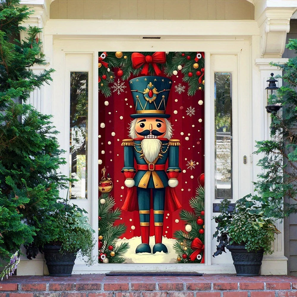 1 piece, festive walnut tongs Christmas door banner, red with gold accents, snowflake and pine tree design