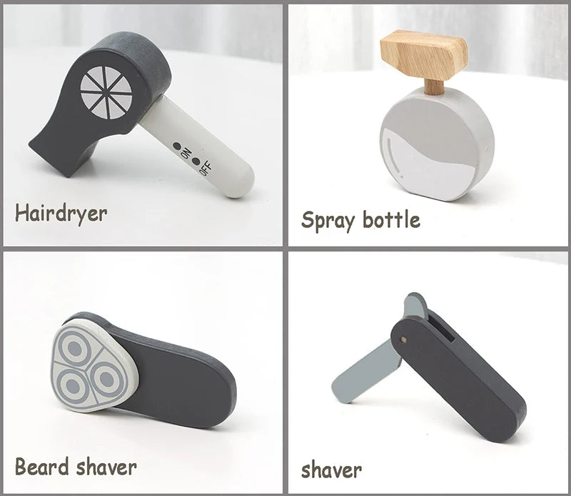 Kids Wooden Makeup Haircut Toy Beauty Fashion Salon Playset Games Combs Hair Dryer Pretend Play House Barber Makeup Kit Girl Toy
