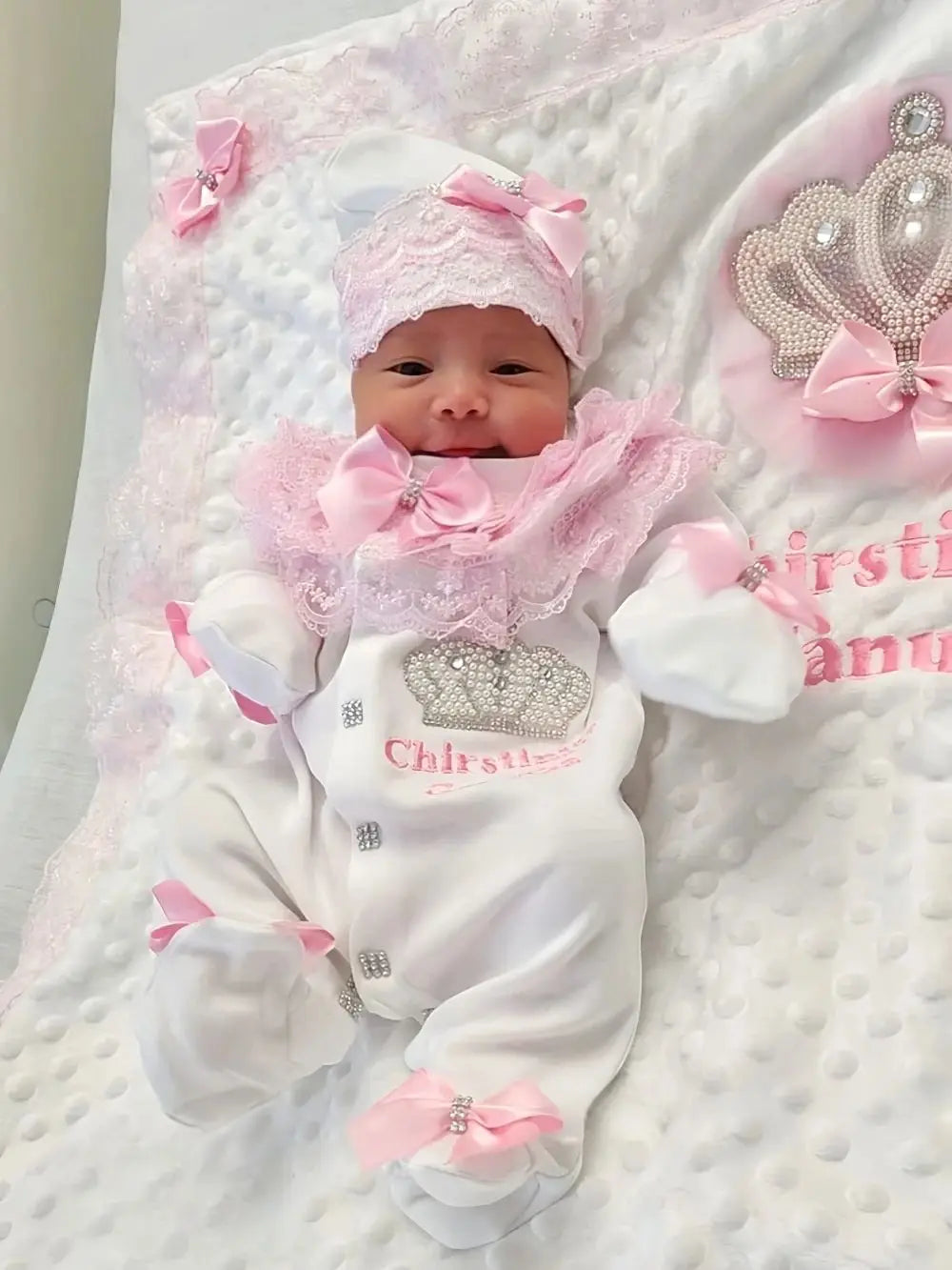 Customized Baby Name Newborn Pink Crown Jewels Gift Set 3pcs Outfits Pajamas Receiving Blanket Welcome Home Ceremonial dress