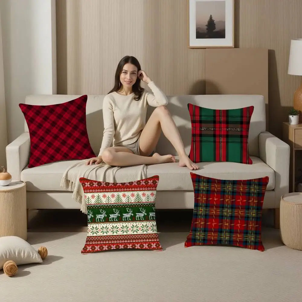 Christmas Plaid Pillow Case Sofa Living Room Bedroom Double-sided Printing Square Cushion Nap Time Pillow Case