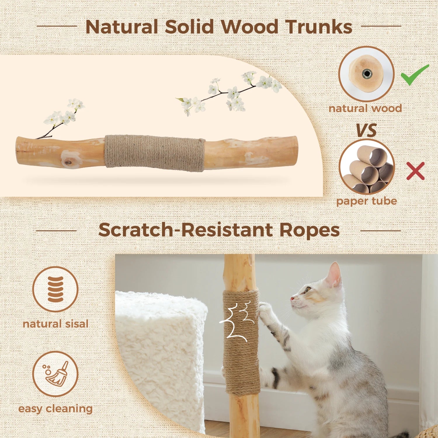 Modern Cat Tree Tower with Natural Solid Wood Scratching Posts Spacious Wicker Basket Luxury Cat Condo Bed for Indoor Cat Toys