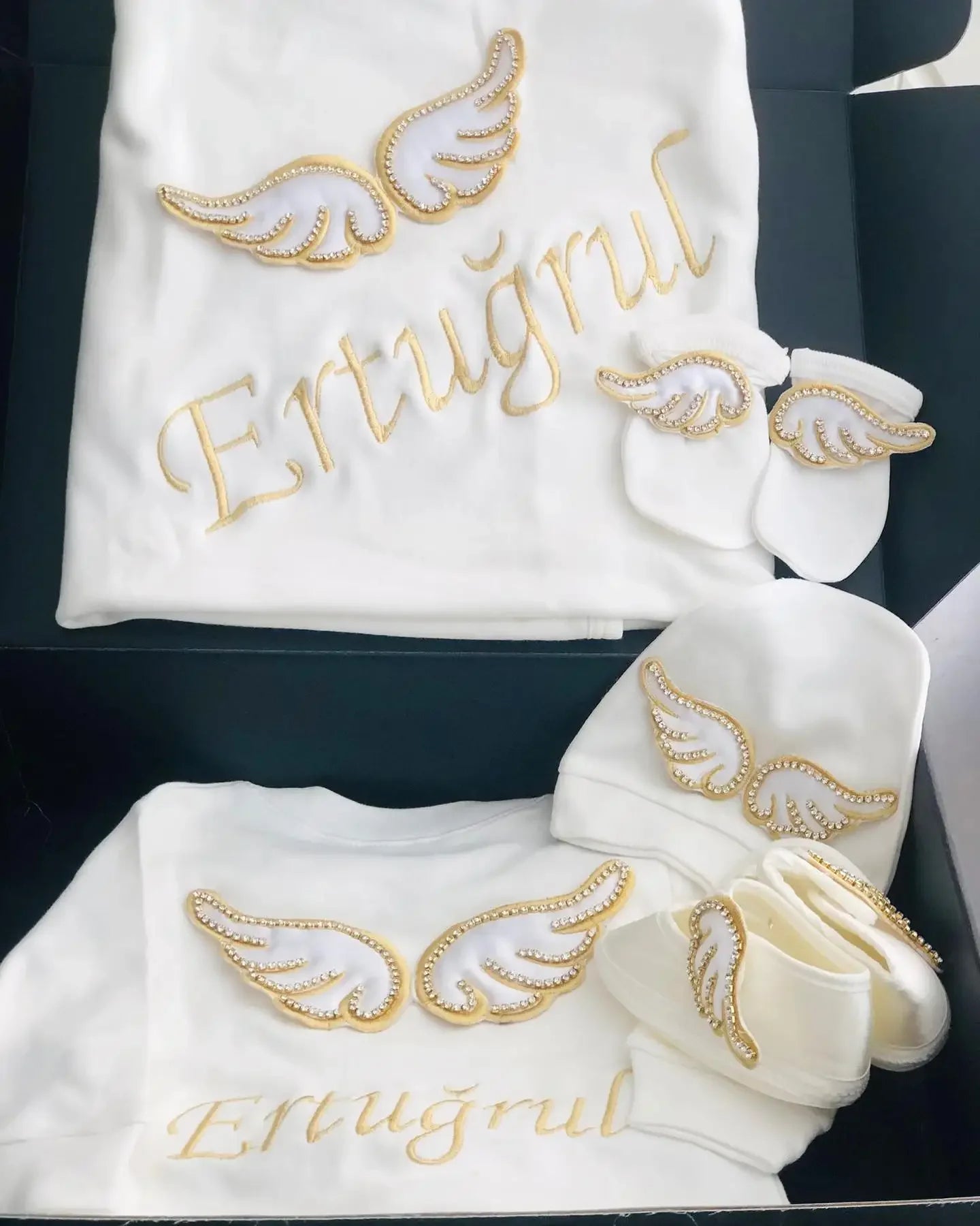 Dollbling 5pcs Wings Outfits Any Name Personalized Sweetwood Embroidery Gift Set Baby Pajamas Hat Welcome Home Ceremonial dress