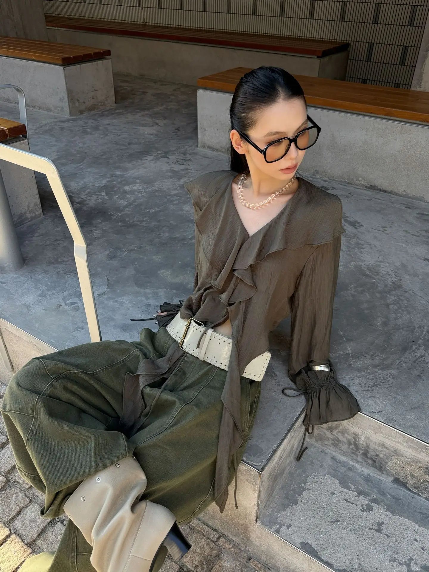 DEAT Fashion Splicing Silhouette Curved Jeans Women's High Waist Loose Wide Leg Denim Pants Autumn New 7A1005