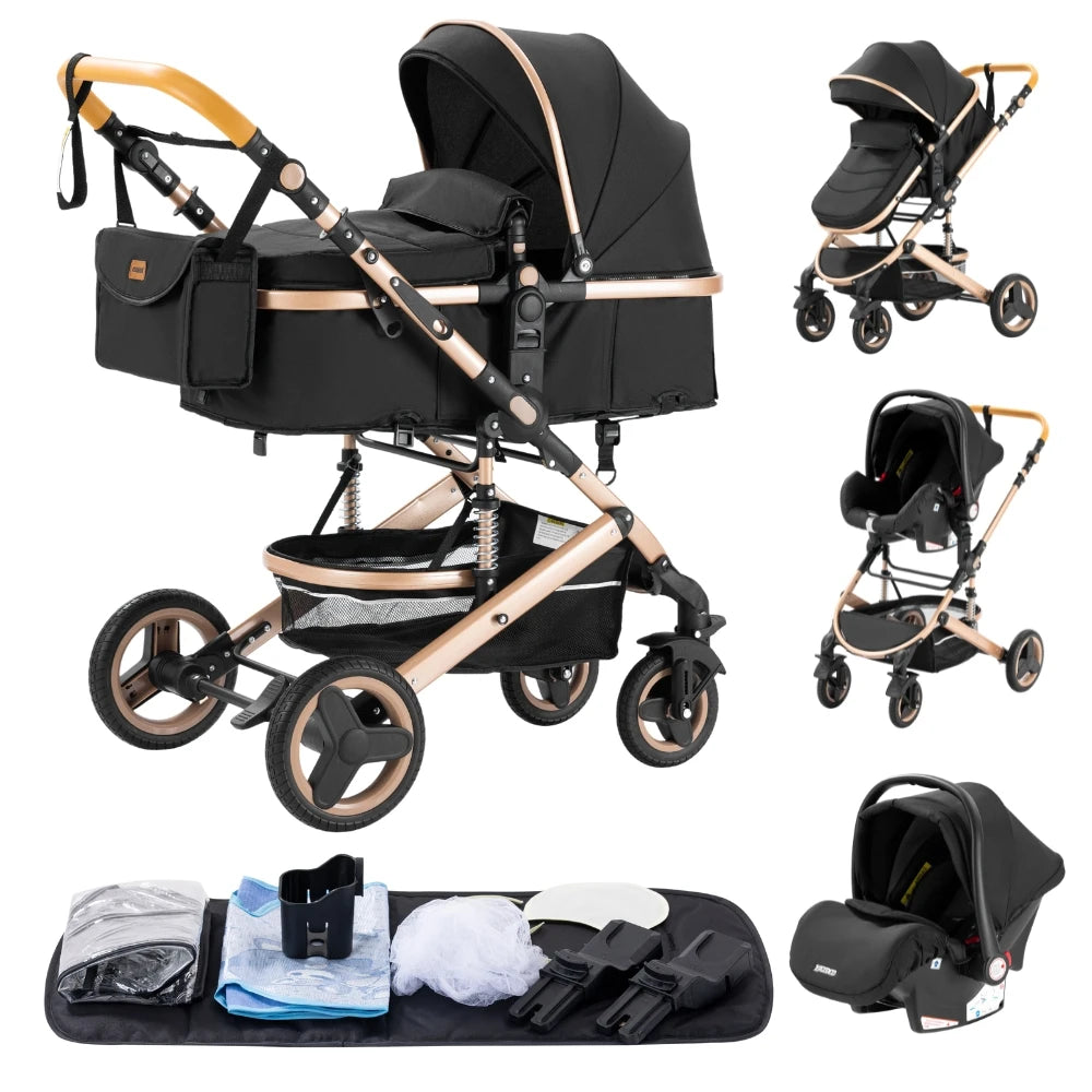 Poussette bébé 3-en-1 compacte, siège auto pour bébé, système de voyage portable pour bébé, poussette légère, poussette bidirectionnelle