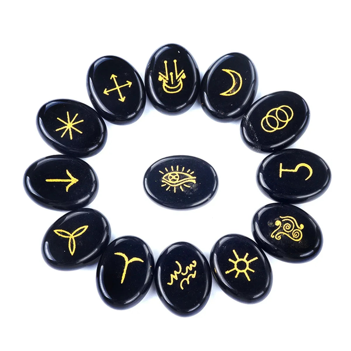 13pcs Witch Runes Natural Crystal Beads Onyx Semi-Precious Carved Ruini Lune Runes Set Decorative Reiki Jewelry Accessories Gift