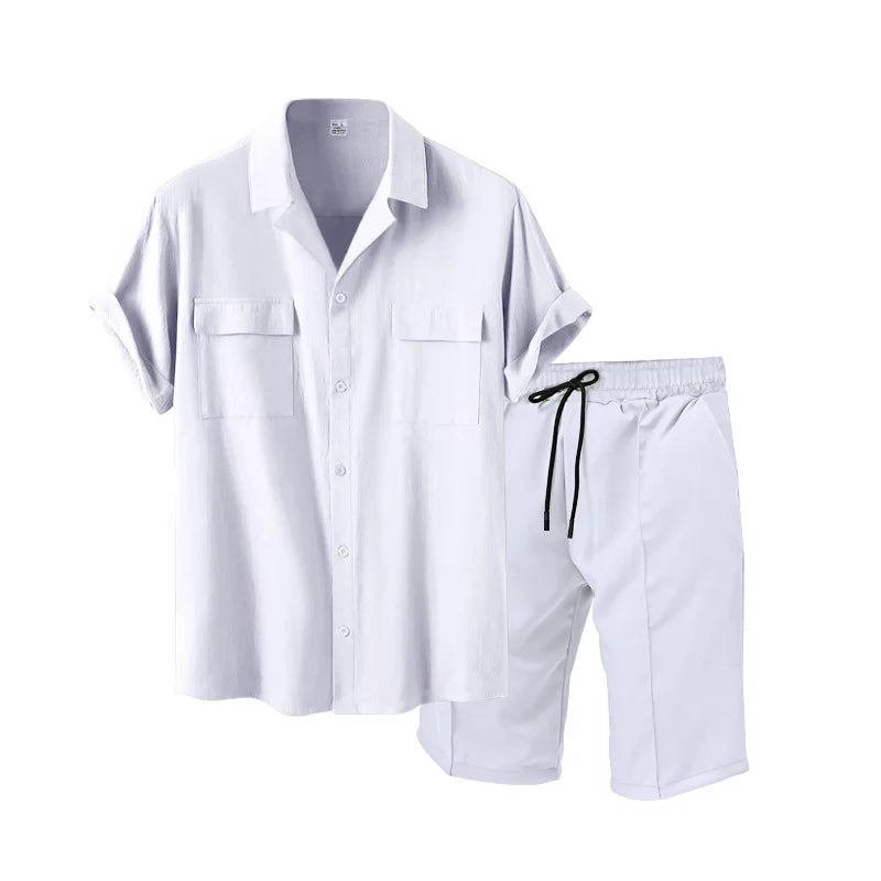 Casual Fashion Men's Suit Summer Beach Style Solid Color Men's Shirt Short Sleeve and Shorts Two-Piece Set Men's Clothing