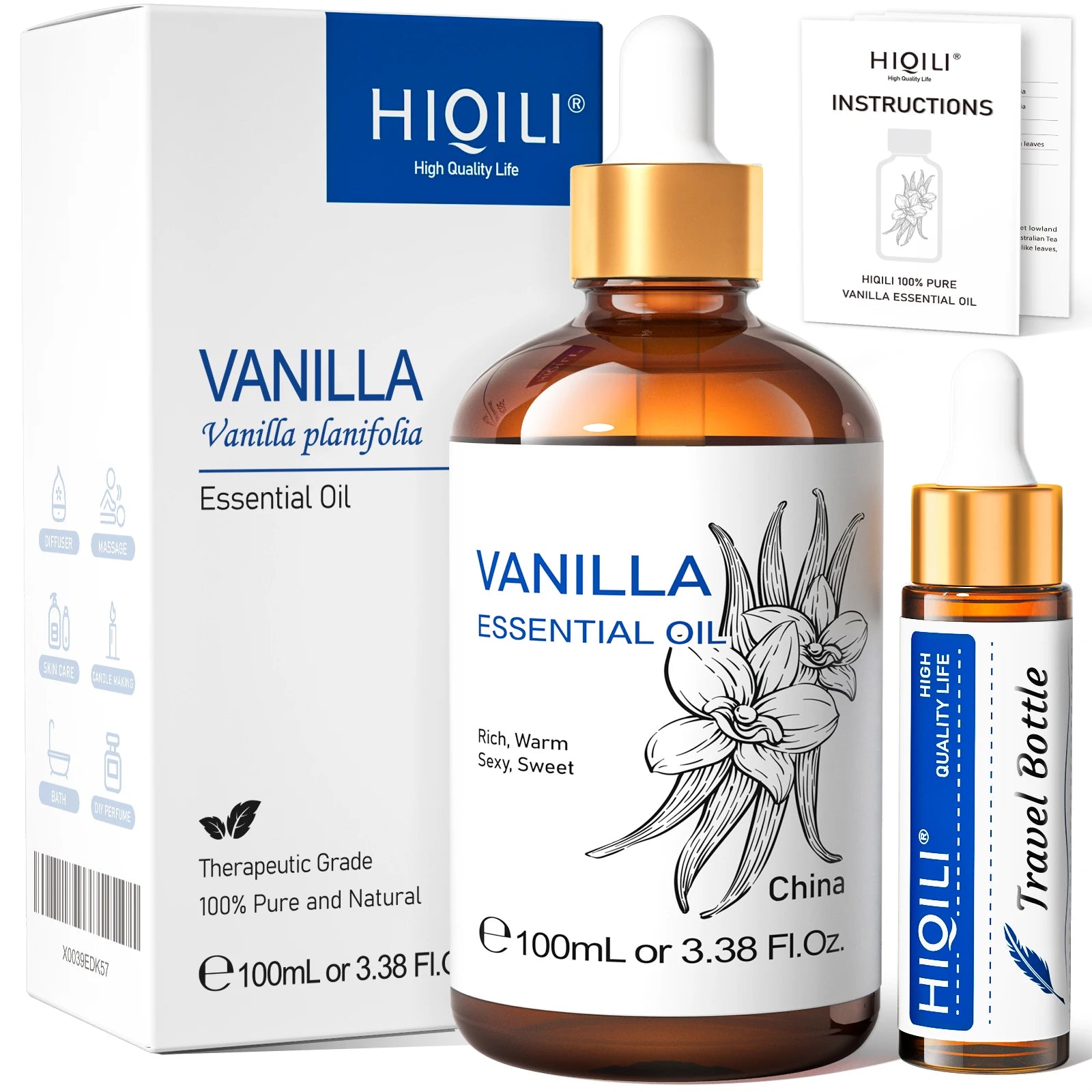 HIQILI Ylang-Ylang Essential Oil 100ML Citronella Geranium 100% Natural Tree Oil for Skin Massage Stress Relief & Aromatherapy