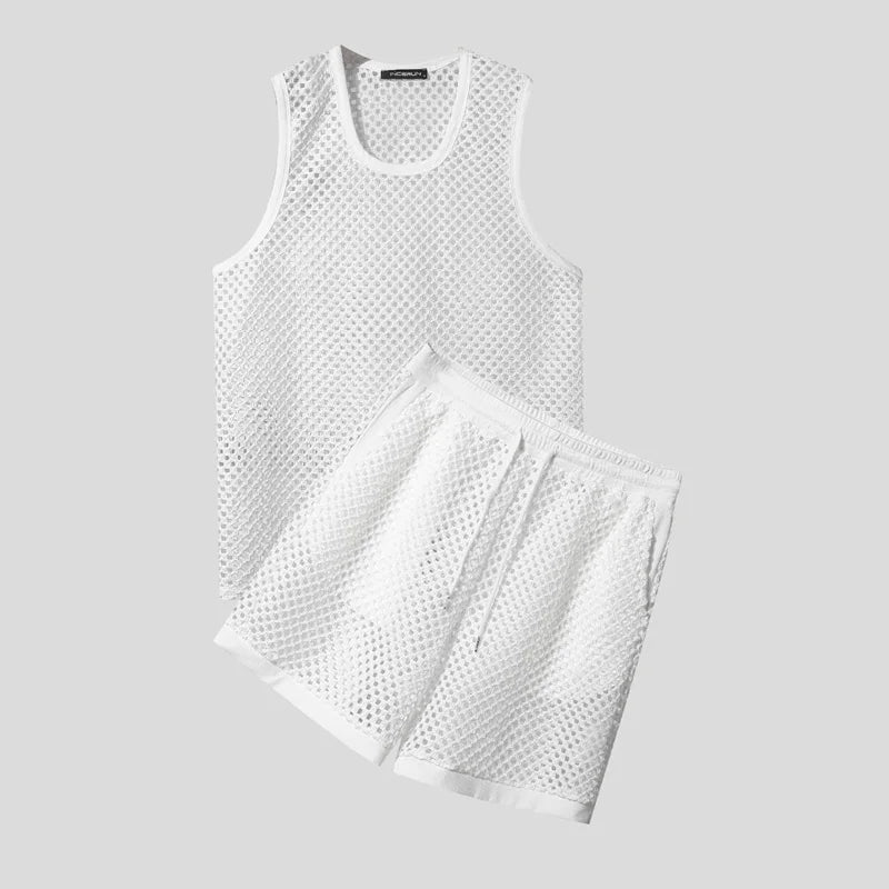 INCERUN Men Sets Solid Color Mesh Hollow Out See Through Tank Tops & Shorts 2PCS Summer Sexy Vacation Men Casual Suits 2025 5XL