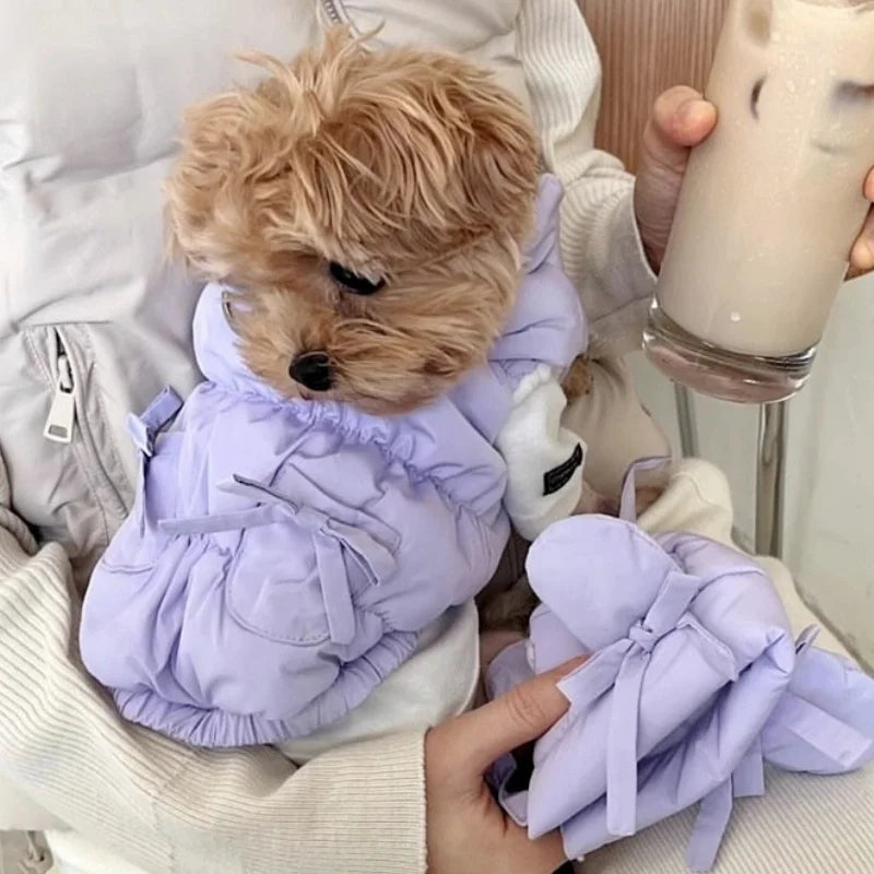 Winter Padded Dog Jacket Coat Warm Soft Dog Clothes Fashion Solid Puppy Down Jacket Cute Bow Cat Vest Coat Chihuahua Pet Costume