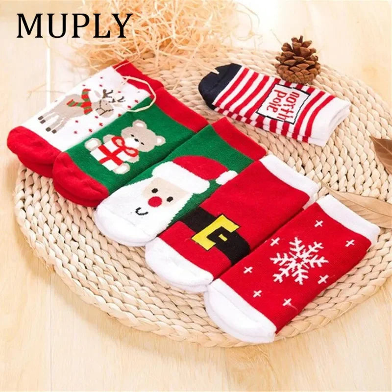 1 Pair Cotton Spring Winter Autumn Baby Girls Boys Kids Socks Children Striped Terry Snowflake Elk Santa Claus Christmas Bear