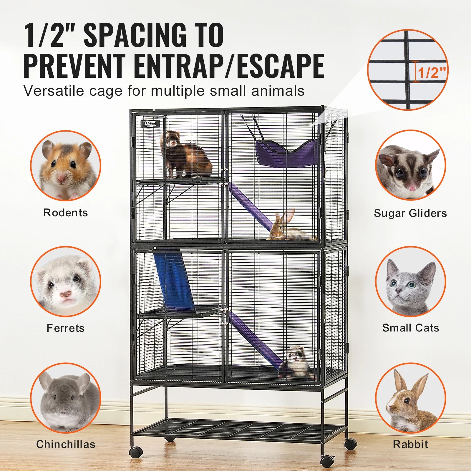 SucceBuy 64.6" Rolling Metal Ferret Cage Large 4-Tier Critter Nation Cage Small Animal Cage for Rats Hamster Guinea Chinchilla