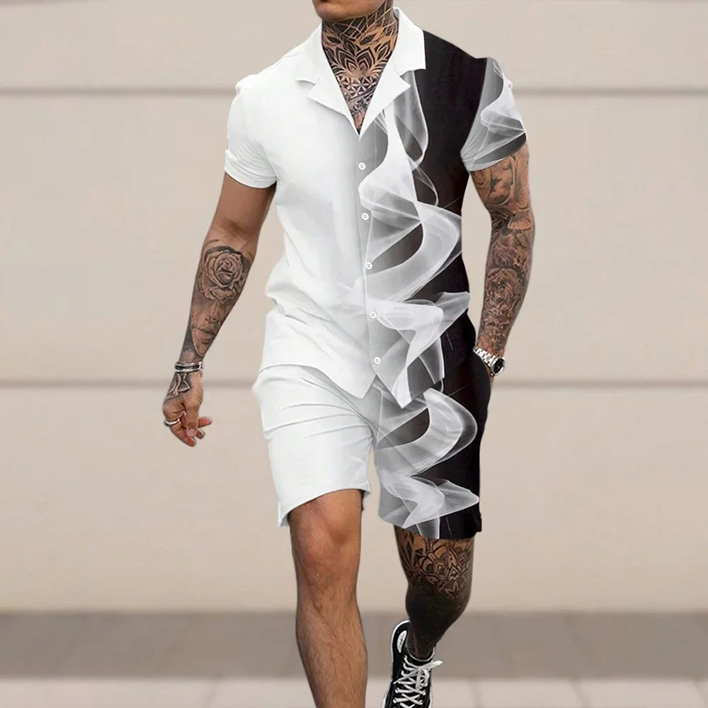 Vacation Men's 2-Piece Outfits Vintage Button Down Short Sleeve Shirt And Shorts Set Elastic Waist Shorts Short Sleeve Shirts