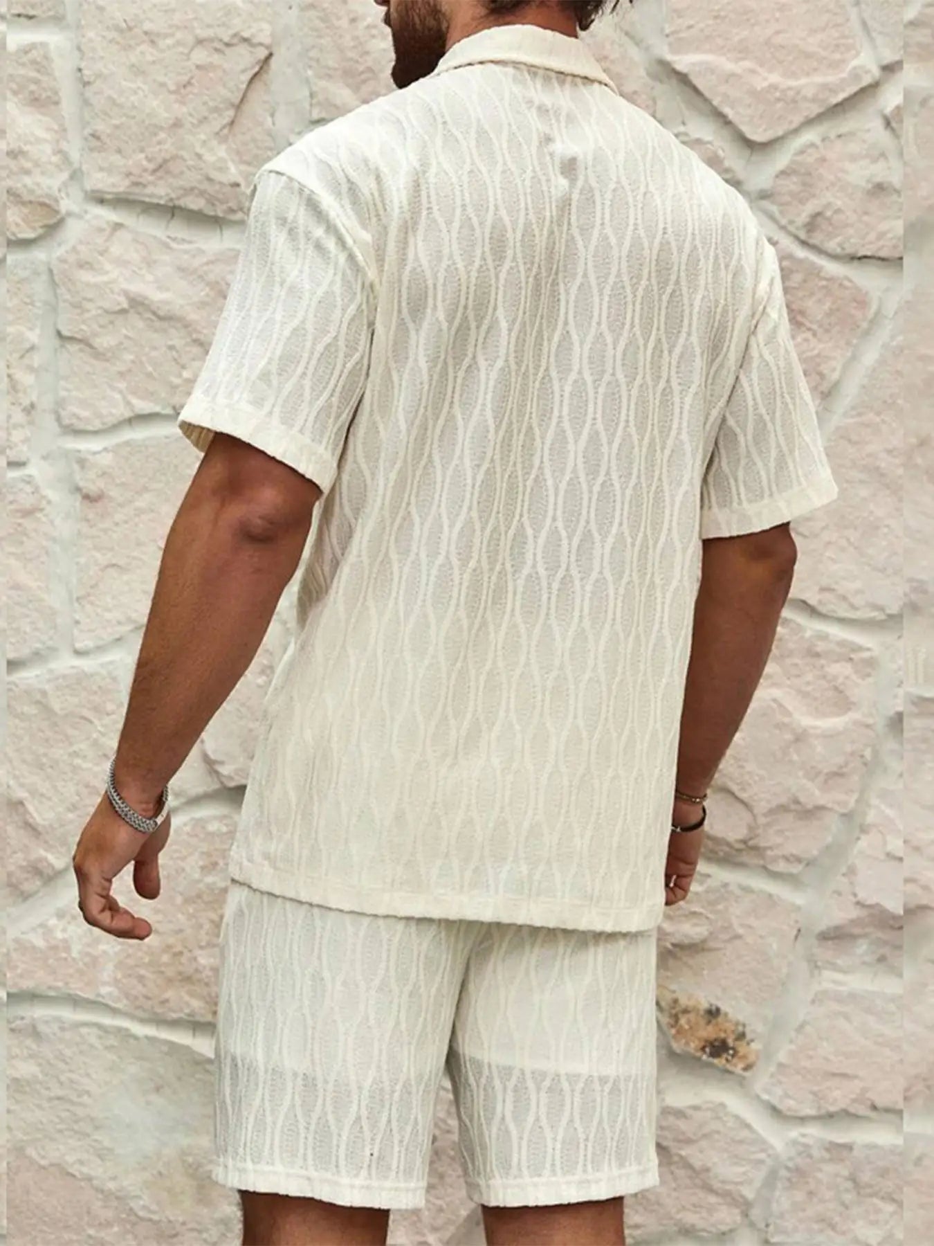 2025 New Summer Men's Casual Daily Outdoor Travel Solid Jacquard Lapel Short-sleeved Shirt Drawstring Shorts Two-piece Set