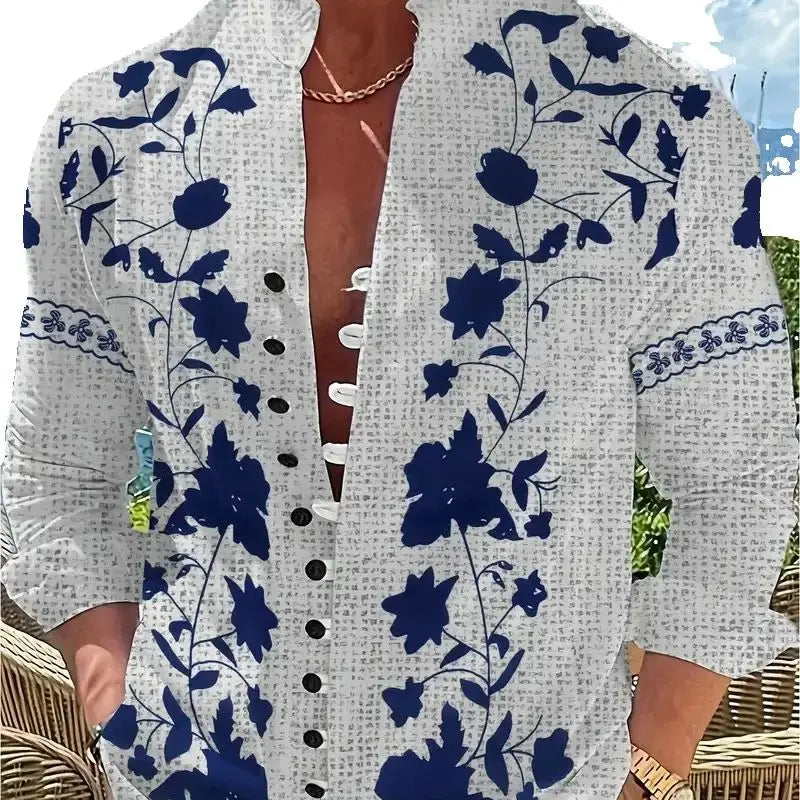 Fashionable Men's Long Sleeve Shirt 3D Half Color Flower Print Men's Casual Button Long Sleeve Shirt Top