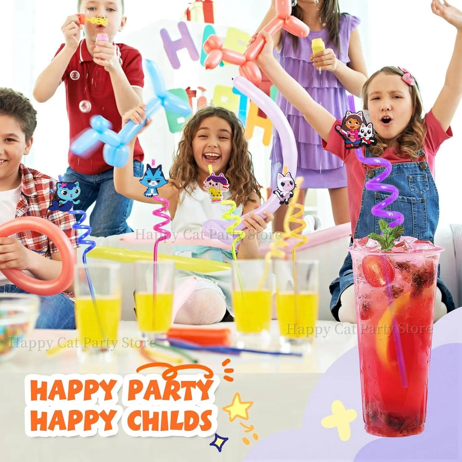 Gabby Kids Straws Cartoon Gabby Cat Reusable Drinking Straw Gabby Dollhouse Cats Straws Birthday Party Supplies Baby Shower Toys