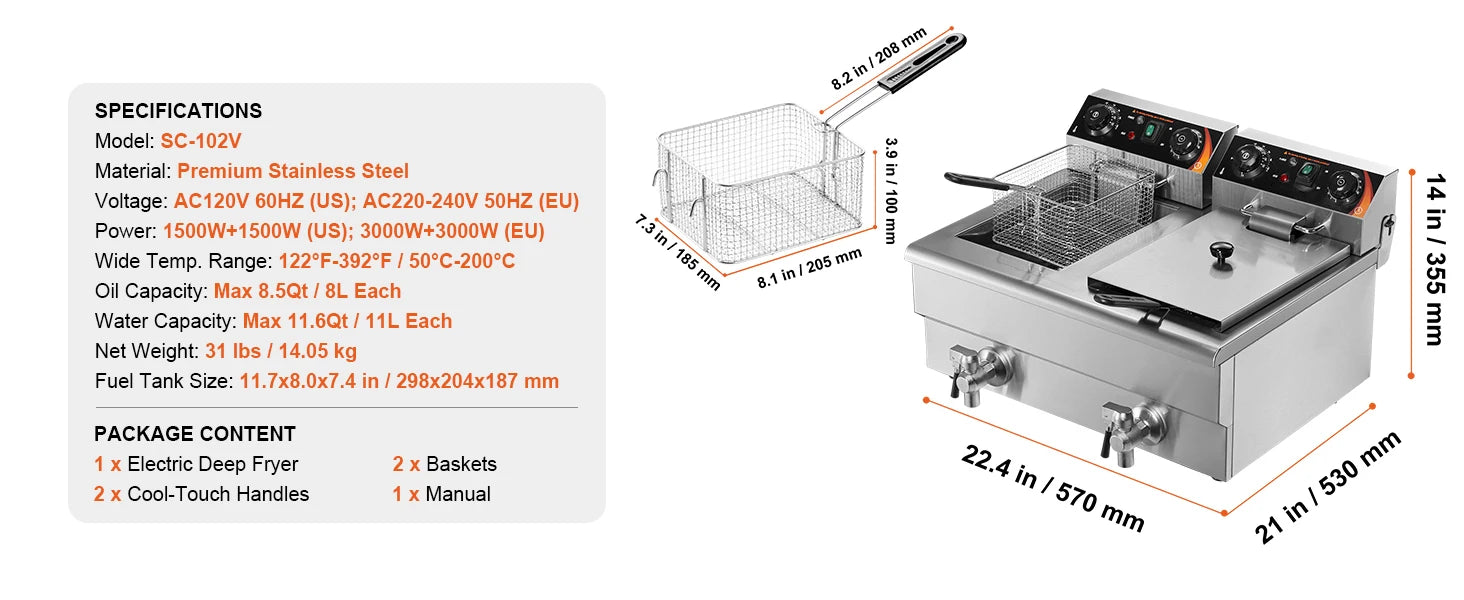 VEVOR  12L 5000W Electric Deep Fryer w/Dual Removable Tanks Commercial Countertop  Fryer for Chicken French Fries Frying Chips
