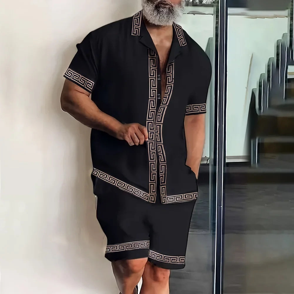 Vacation Men's 2-Piece Outfits Vintage Button Down Short Sleeve Shirt And Shorts Set Elastic Waist Shorts Short Sleeve Shirts