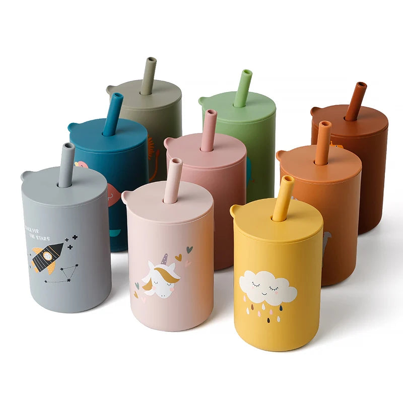 Baby Feeding Drinkware Straw Cup Baby Cartoon Learning Feeding Cup Food Grade Silicone Toddler Water Bottle Tableware BPA Free