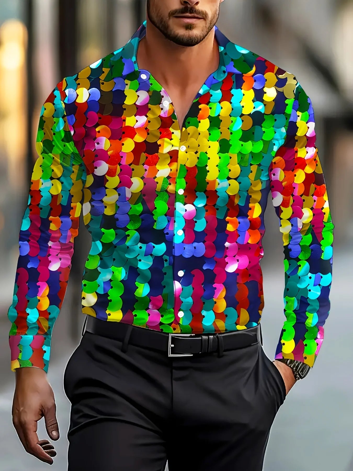 Men's long-sleeved shirts, bold abstract prints - bright colour-block designs, classic peak lapels and button-down plackets