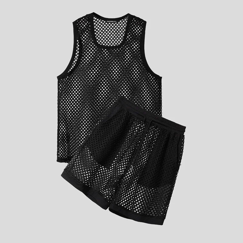 INCERUN Men Sets Solid Color Mesh Hollow Out See Through Tank Tops & Shorts 2PCS Summer Sexy Vacation Men Casual Suits 2025 5XL