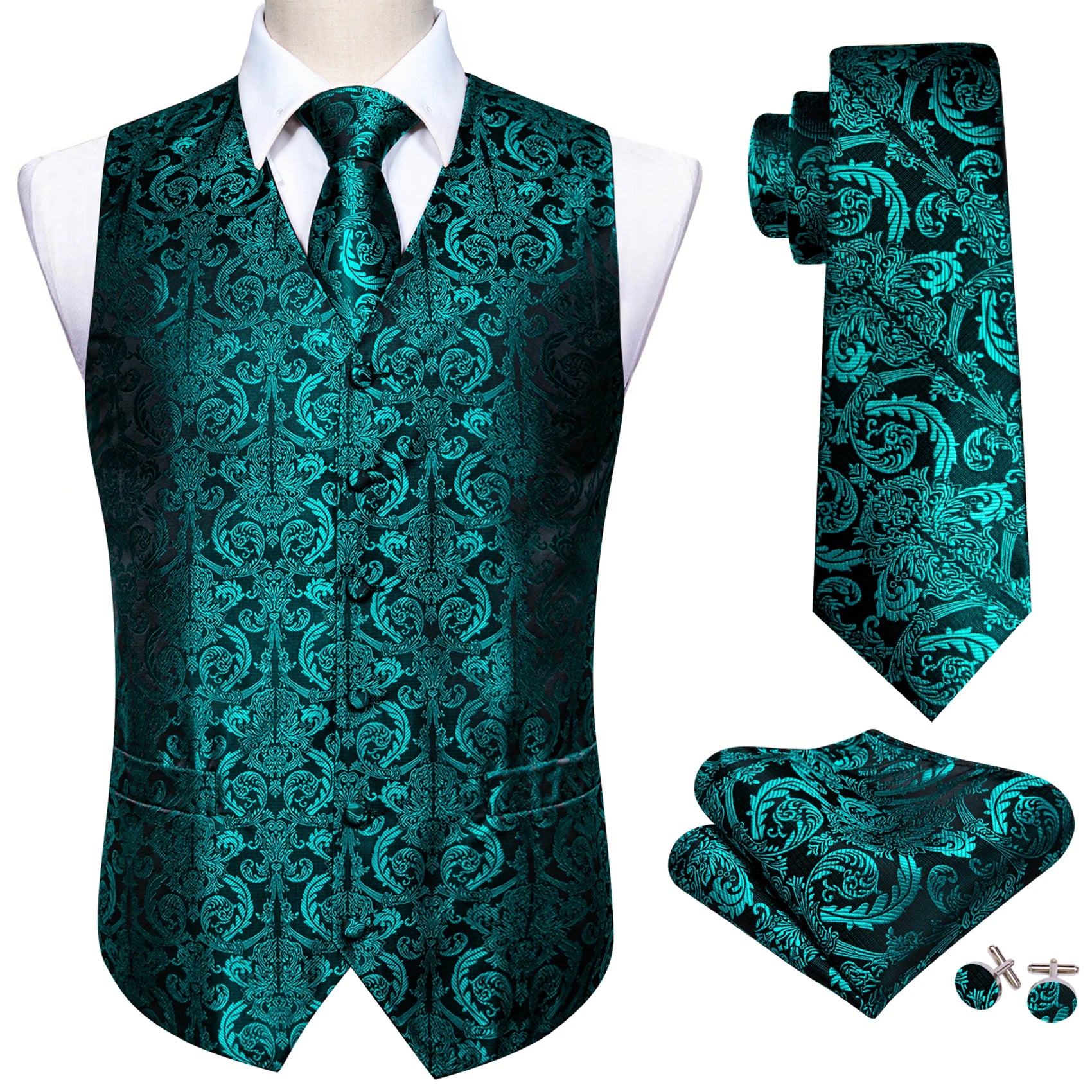 Elegant Vest for Men Silk Green Paisley Plaid Flower Slim Fit Male Suit Embroidered Waistcoat Dress Formal Jacket Barry Wang