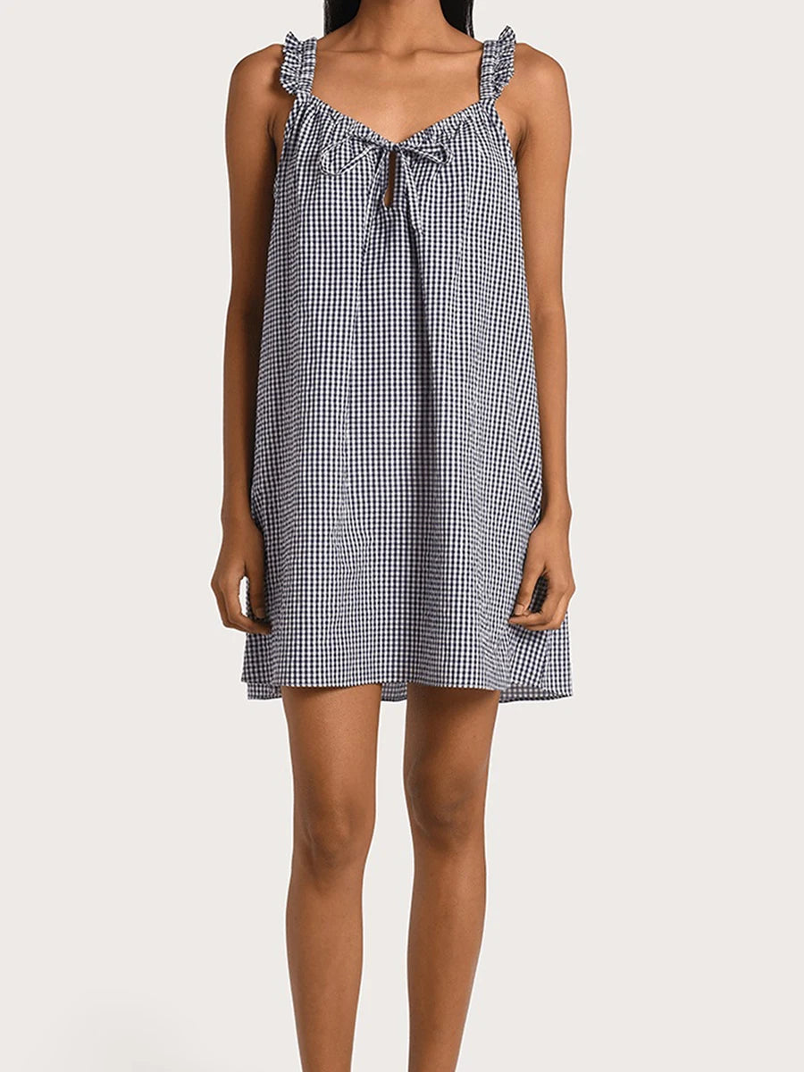 Gaono Women Summer Plaid Mini Dress Casual Y2k Gingham Spaghetti Strap Going Out Outfit Cute Flowy Swing Loose Fit Clubwear