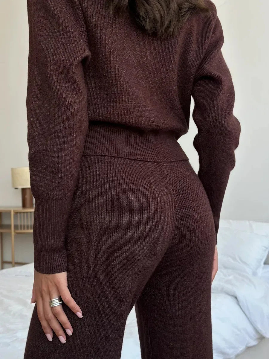 Zipper Front Knitted Long Sve Wide Leg Pants Two Piece Set for Women Autumn Winter Pure Color Faion Ensemble