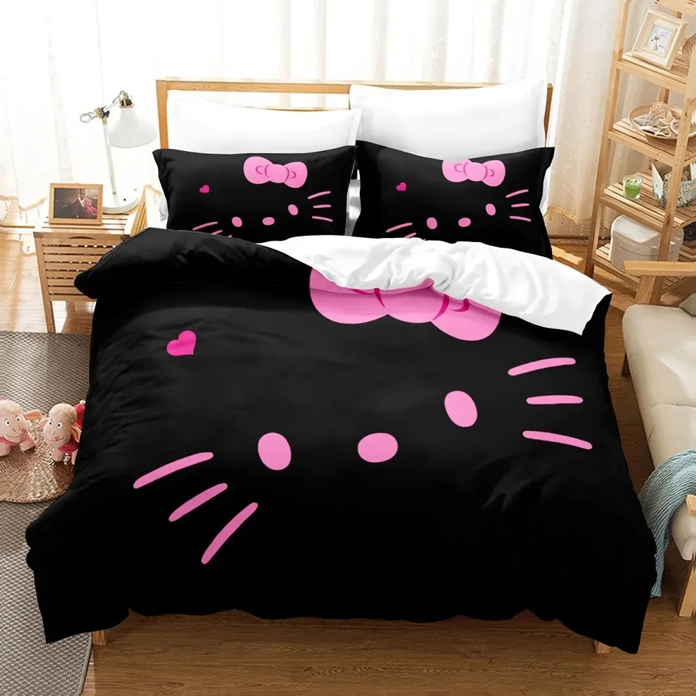 Sanrio Hello Kitty Cartoon Big Size Bedding Set Pink Cats Kawaii Duvet Cover For Girl Kids Single Decor Home Bedclothes Custom