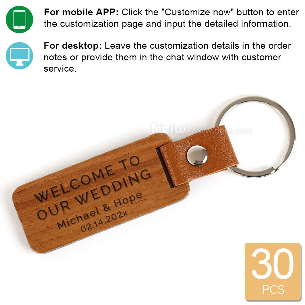 30PCS Custom Wooden Keychain Personalized Wedding Favor Rustic Wood Key Ring Engraved Name Thank You Bridal Party For Guest Gift