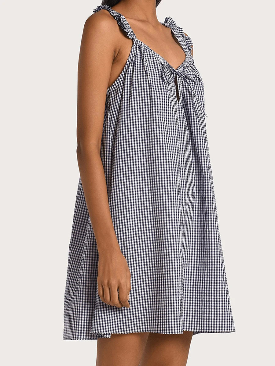 Gaono Women Summer Plaid Mini Dress Casual Y2k Gingham Spaghetti Strap Going Out Outfit Cute Flowy Swing Loose Fit Clubwear