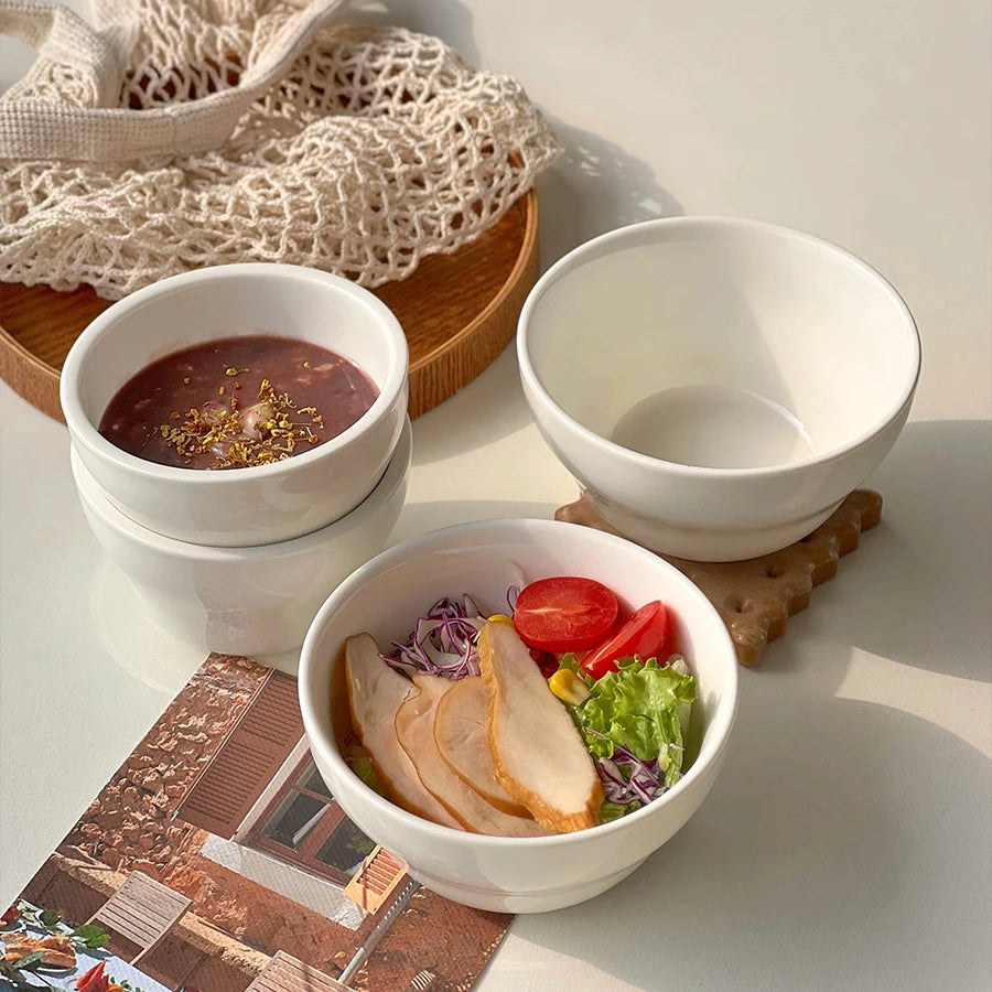 Simple White Ceramic Bowl Household Tableware Rice Bowls Breakfast Porridge Bowl Yoghurt Dessert Bowls