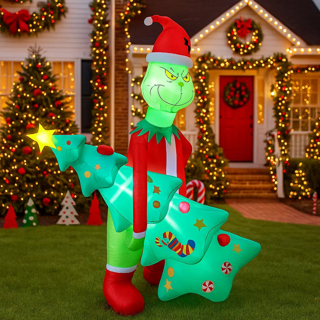 2.1M/6.8FT Christmas Decorations Inflatable Toy Grinch Holding Christmas Trees Home Yard LED Light Decor Christmas Party Toy