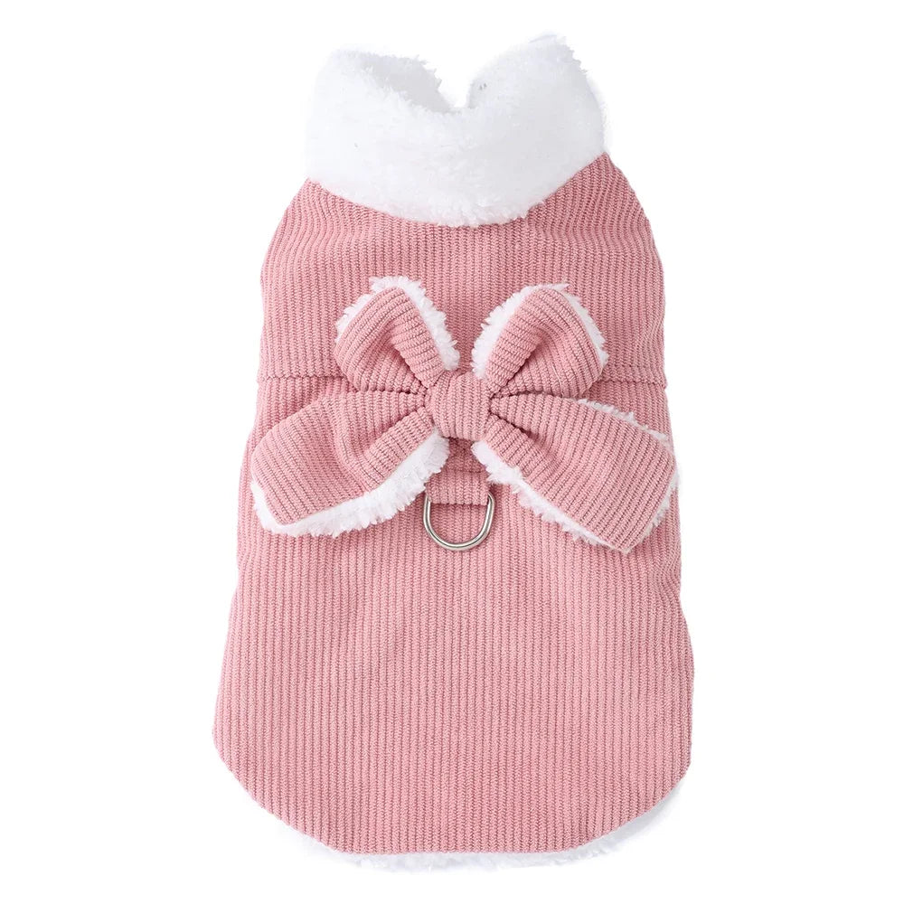 Winter Pet Clothes Cozy Thicken Fleece Solid Kitten Sweater For Small Cats Dogs Cute Bow Jacket Coat With D-Ring Sphynx Costume
