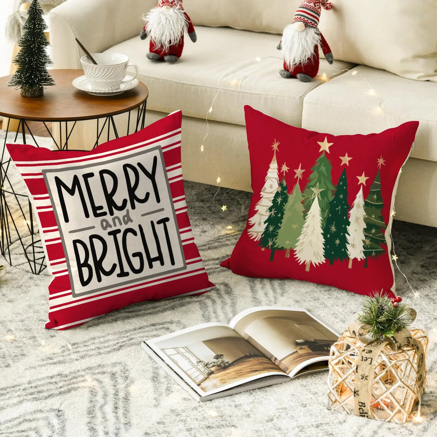 1pc/4pcs Christmas Pillow Cover, Black and Red Buffalo Plaid Celebration Christmas Tree Snowflake Decoration Sofa Cushion Cover