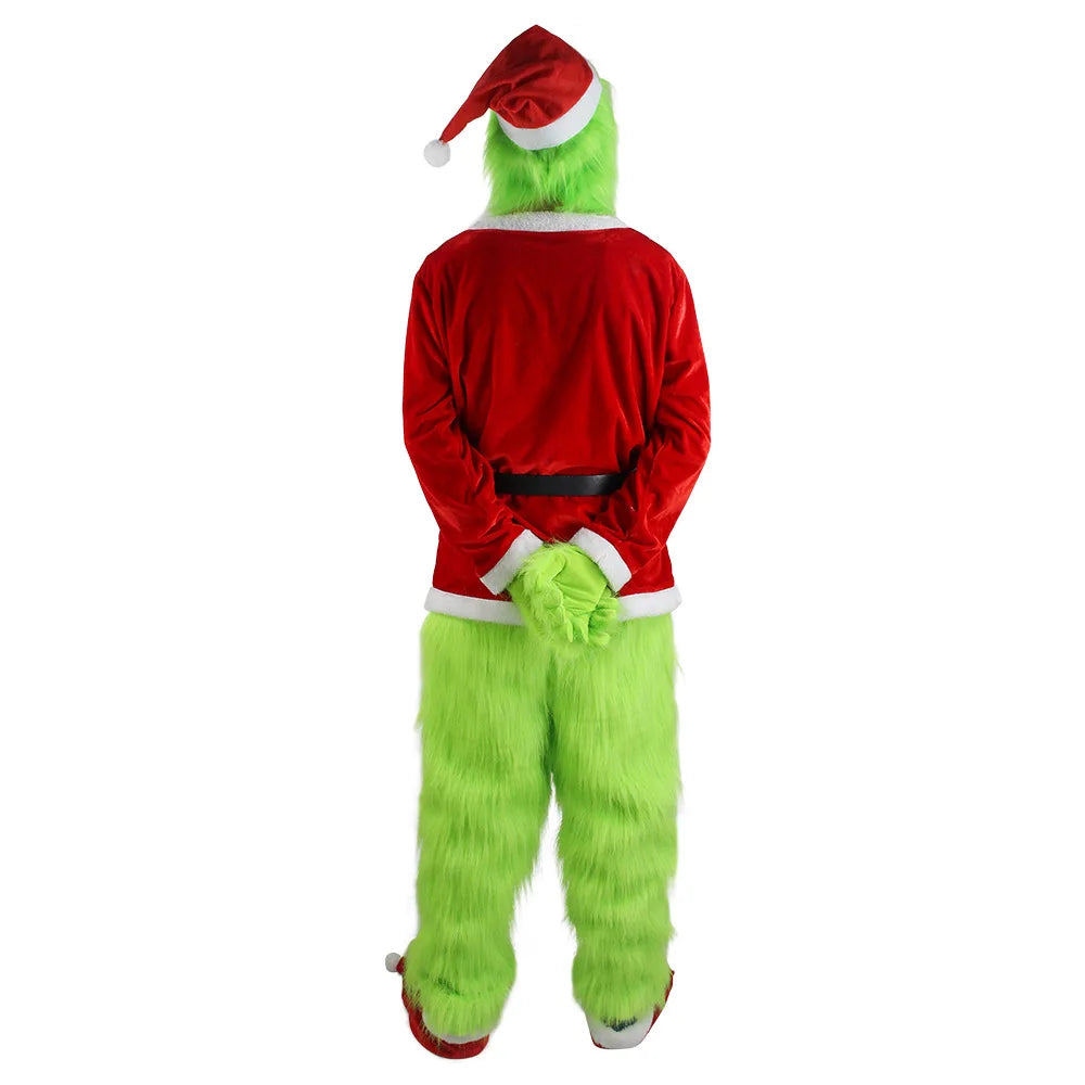 Merry Christmas Grinch Cosplay Costumes Green Thief Plush Mask Pants Gloves Red Santa Claus Hat Tops Socks Holiday Set Xmas Gift